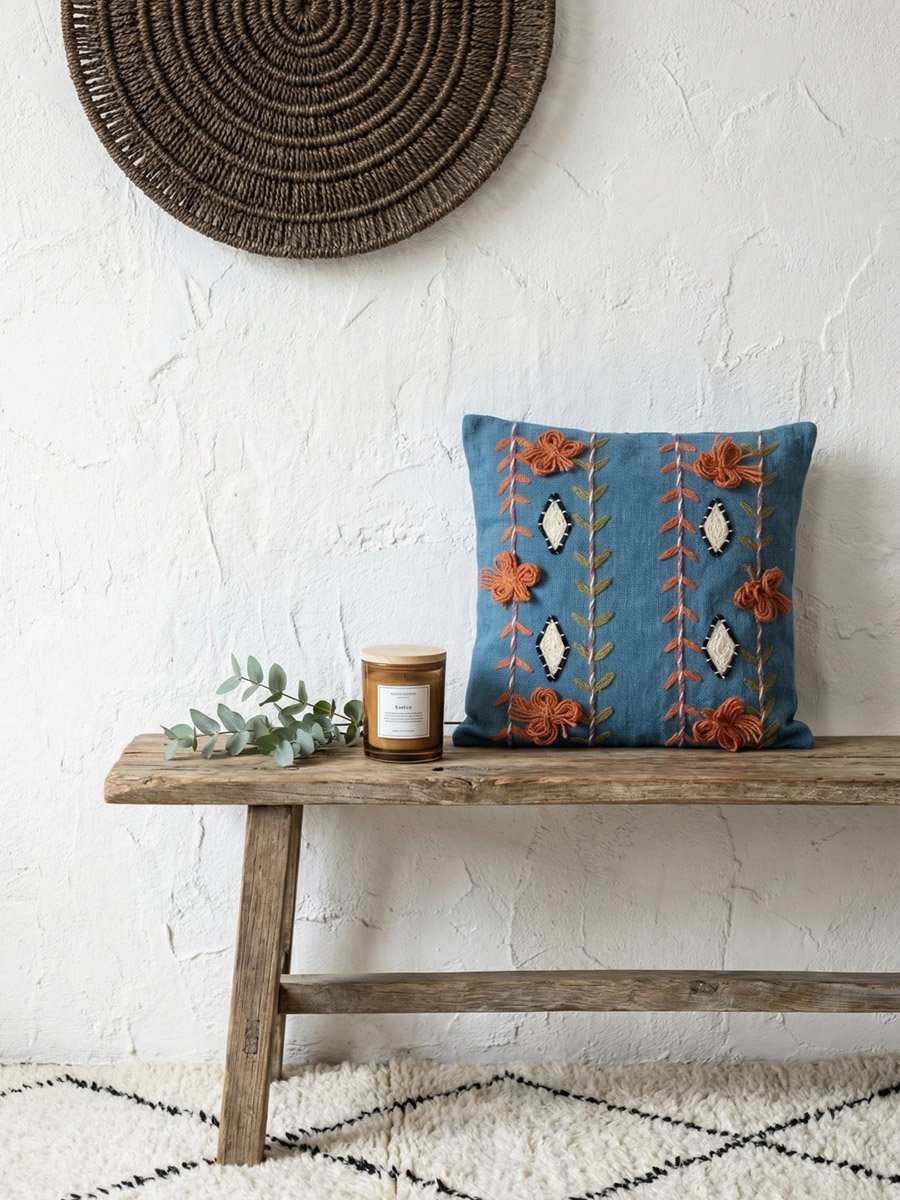 Blue Embroidered Square Cotton Cushion Cover, Medium
