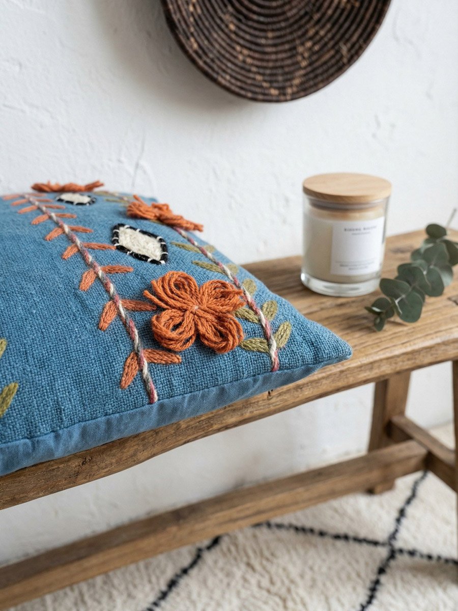 Blue Embroidered Square Cotton Cushion Cover, Medium