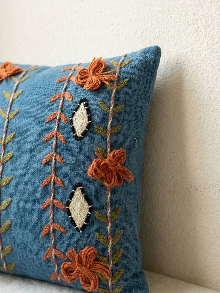 Blue Embroidered Square Cotton Cushion Cover, Medium
