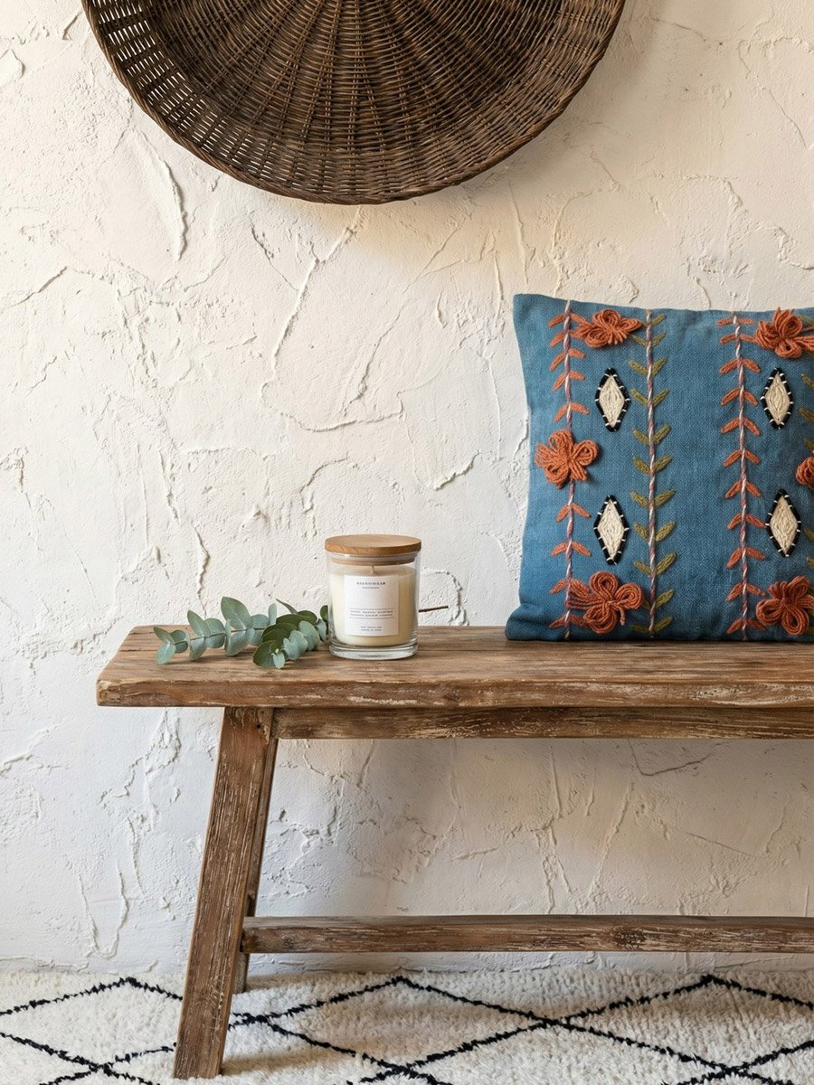 Blue Embroidered Square Cotton Cushion Cover, Medium