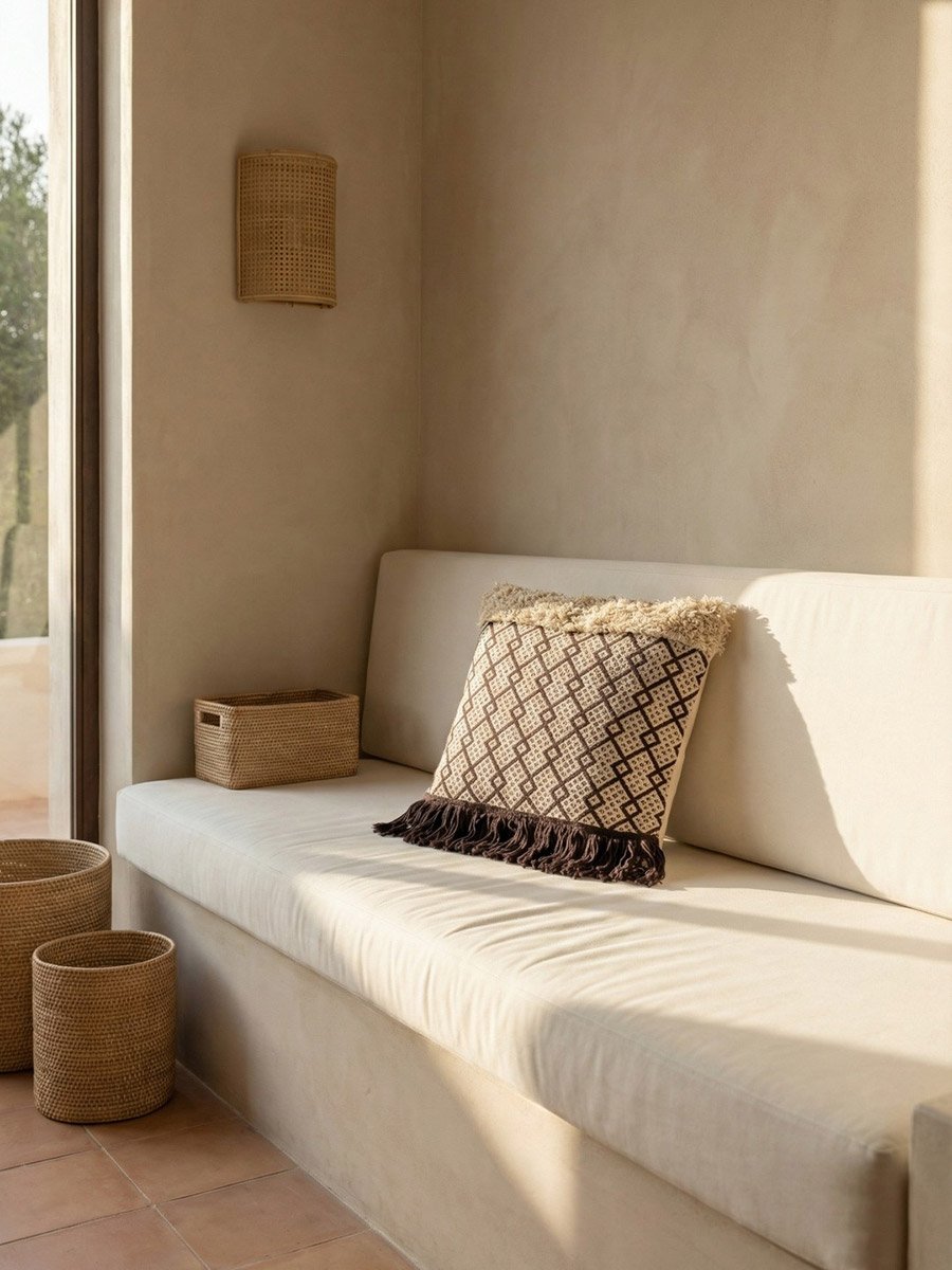 Brown Geo Square Cotton Cushion Cover With Tassel, Medium