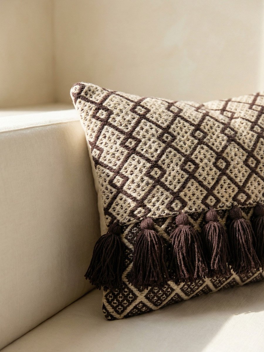 Brown Geo Square Cotton Cushion Cover With Tassel, Medium