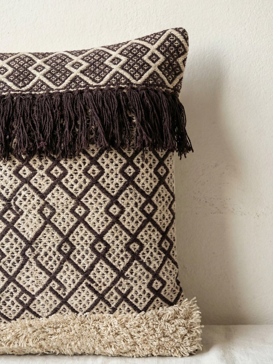 Brown Geo Square Cotton Cushion Cover With Tassel, Medium