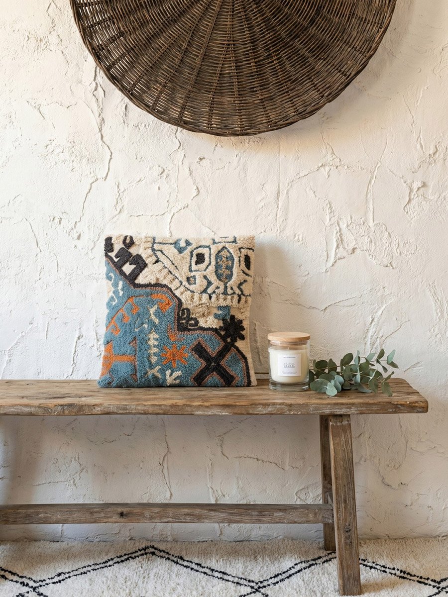 Blue and White Embroidered Cotton Square Cushion Cover, Medium