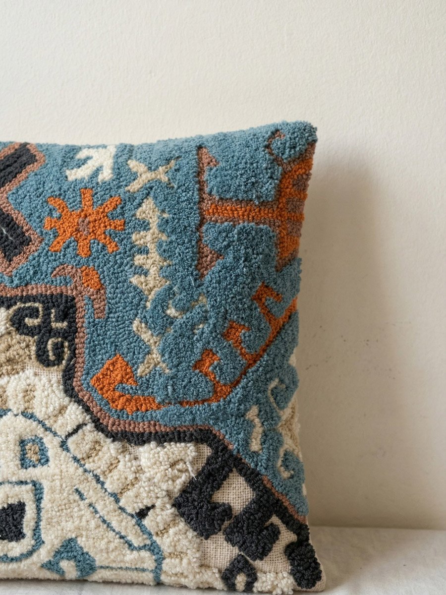 Blue and White Embroidered Cotton Square Cushion Cover, Medium
