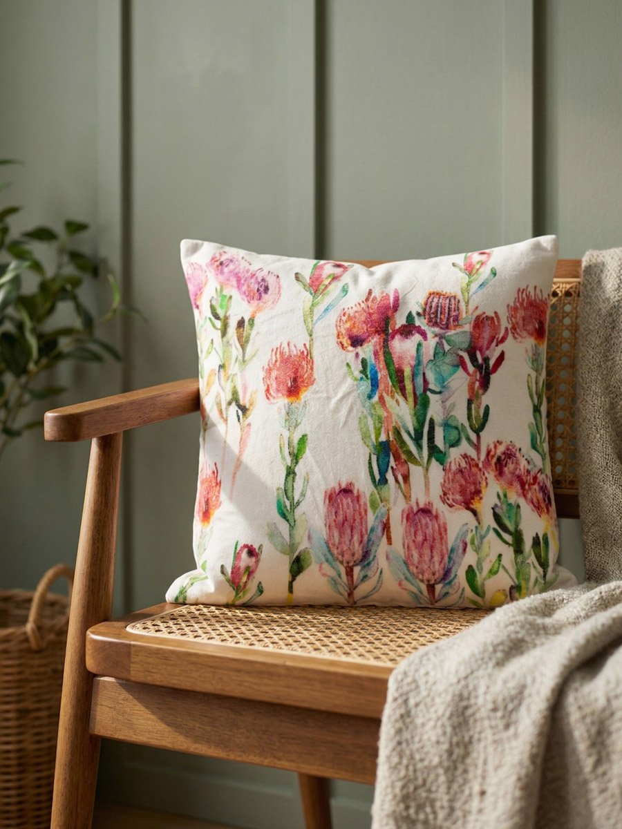 White Floral Print Square Velvet Durable Cushion Cover, Medium