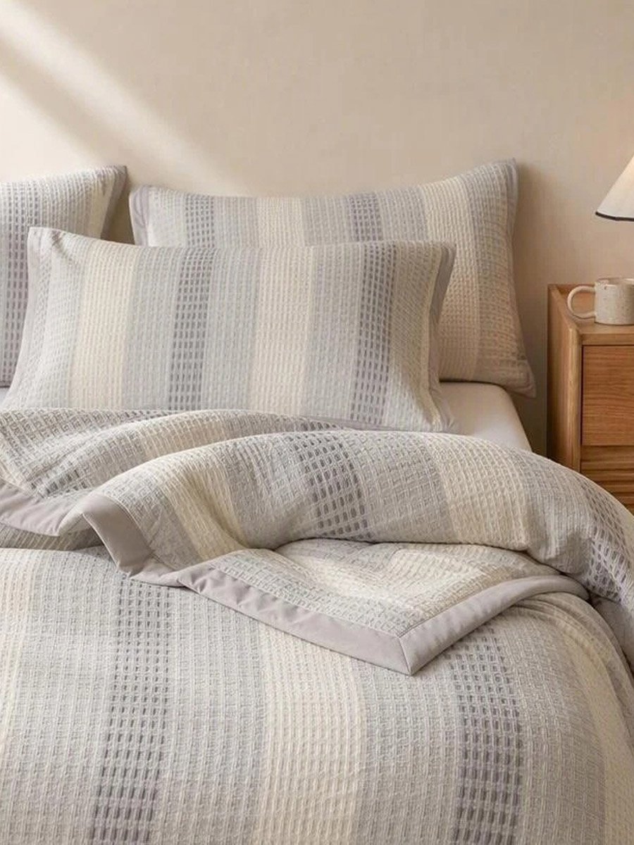 4-Piece Blue Striped Polyester Duvet Cover Set