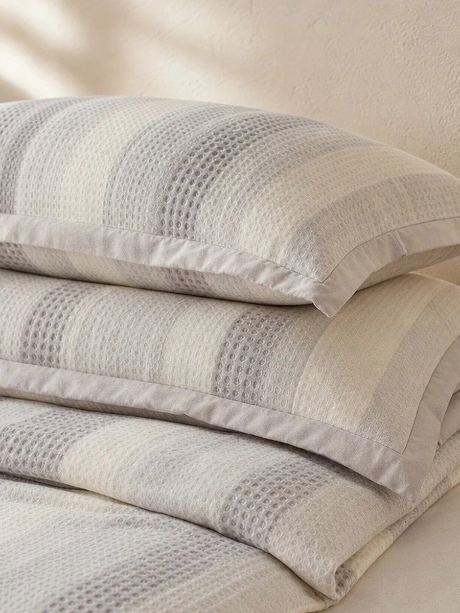 4-Piece Blue Striped Polyester Duvet Cover Set