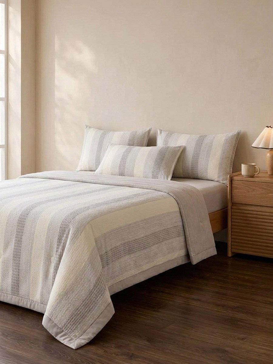 4-Piece Blue Striped Polyester Duvet Cover Set