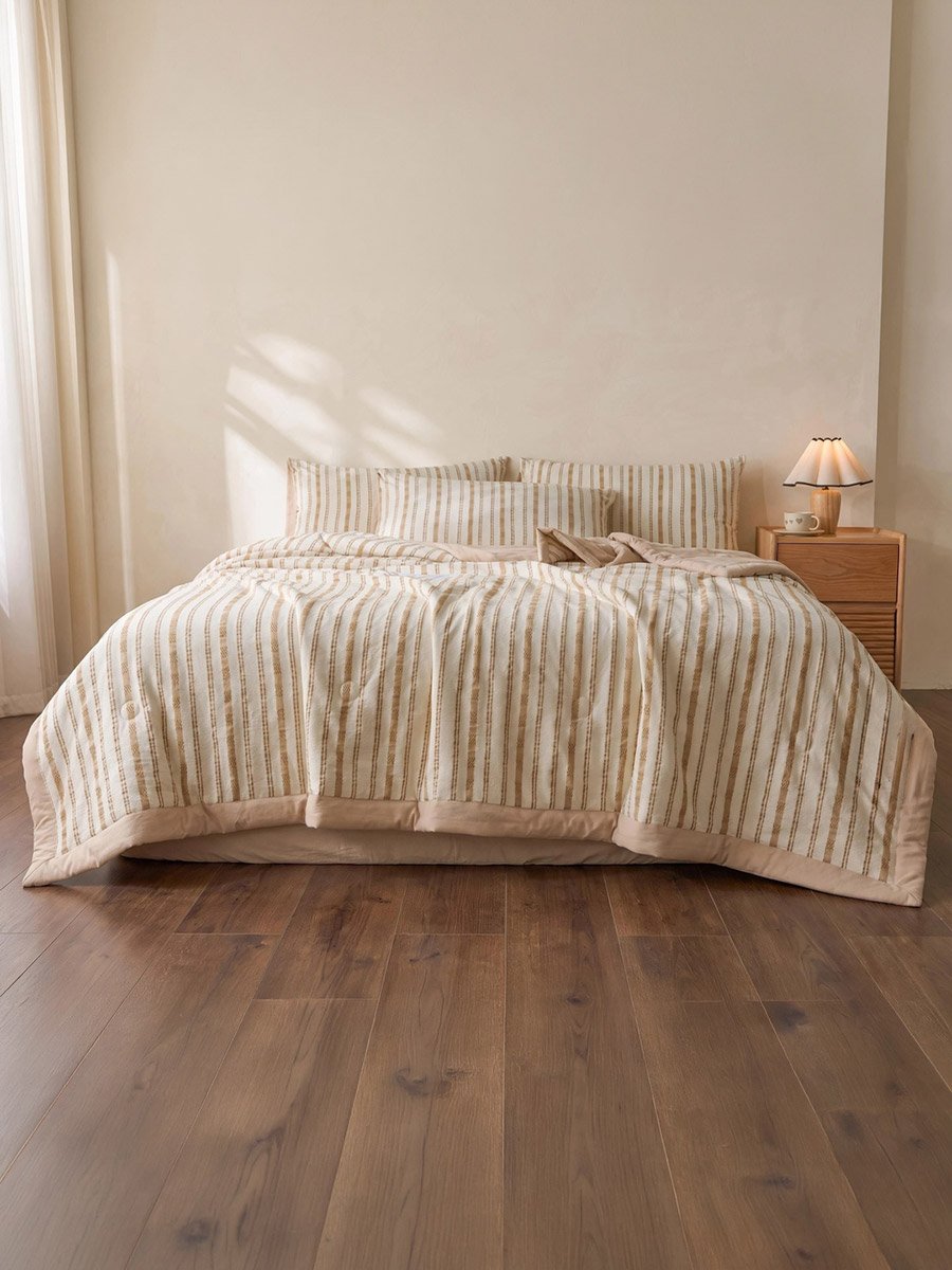 4-Piece Beige Striped Polyester Duvet Cover