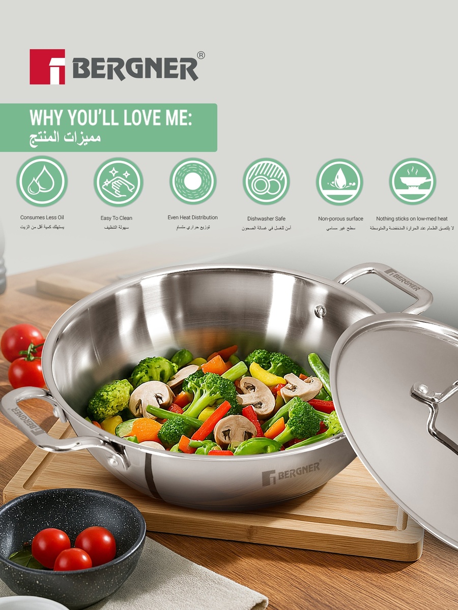 TriPro 24cm (3.1L) Triply Stainless Steel Deep Stir-fry Pan with Lid