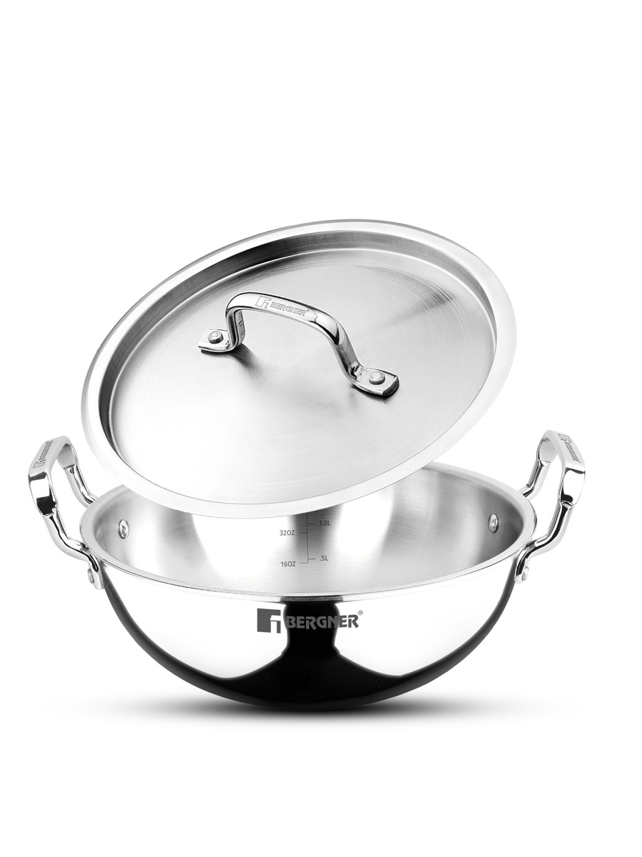 TriPro 22cm (2.35L) Tri-Ply Stainless Steel Deep Kadai with Lid
