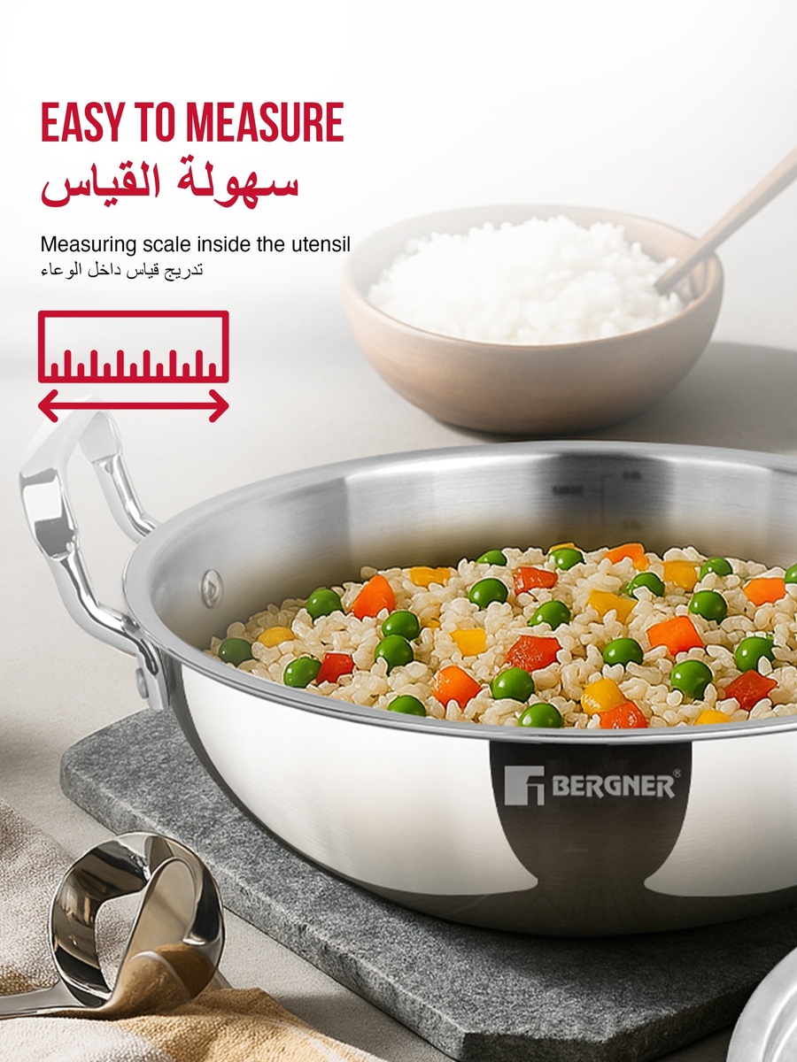 TriPro 22cm (2.35L) Tri-Ply Stainless Steel Deep Kadai with Lid