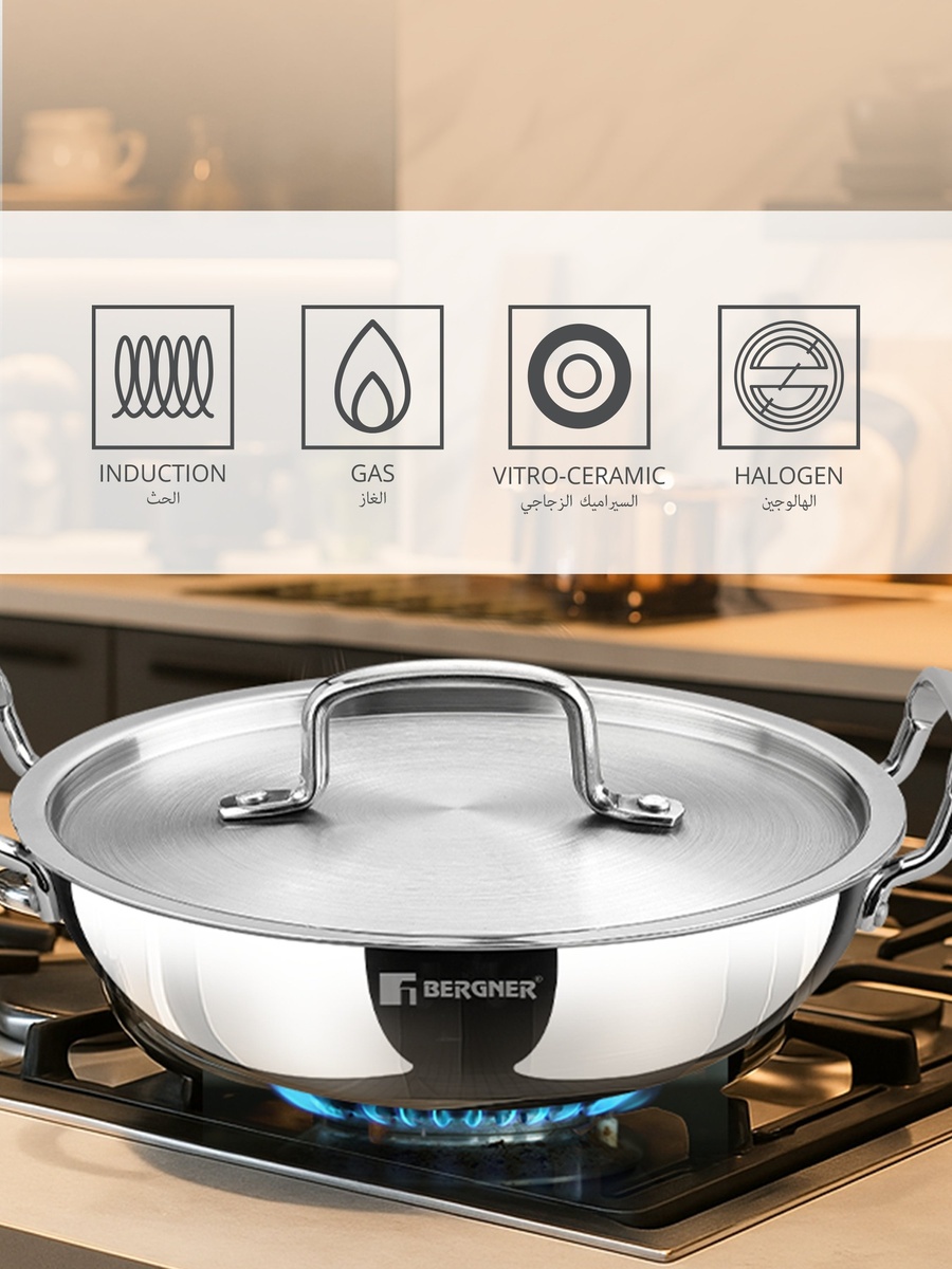 TriPro 28cm (5L) Tri-Ply Stainless Steel Deep Kadai with Lid