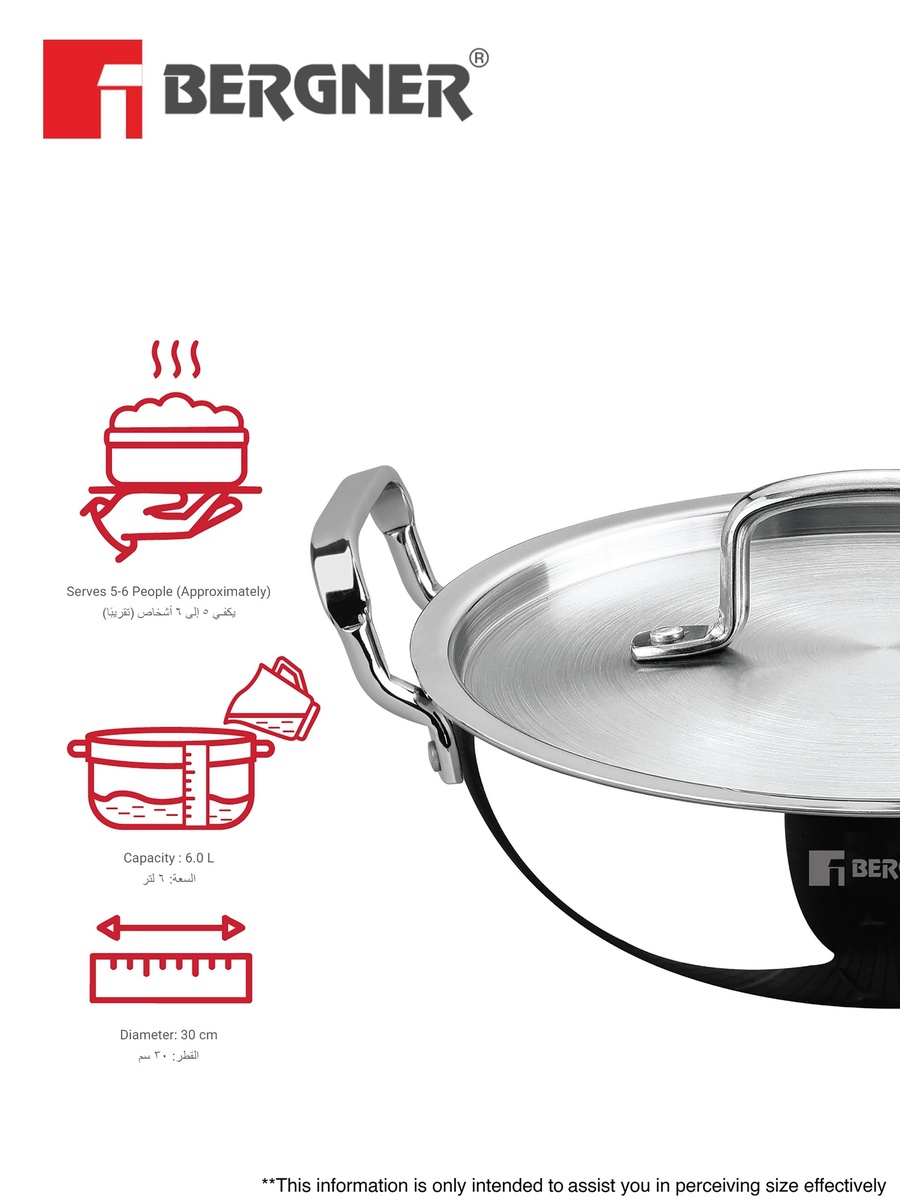 TriPro 30cm (6L) Tri-Ply Stainless Steel Deep Stir-Fry Pan Kadai with Lid