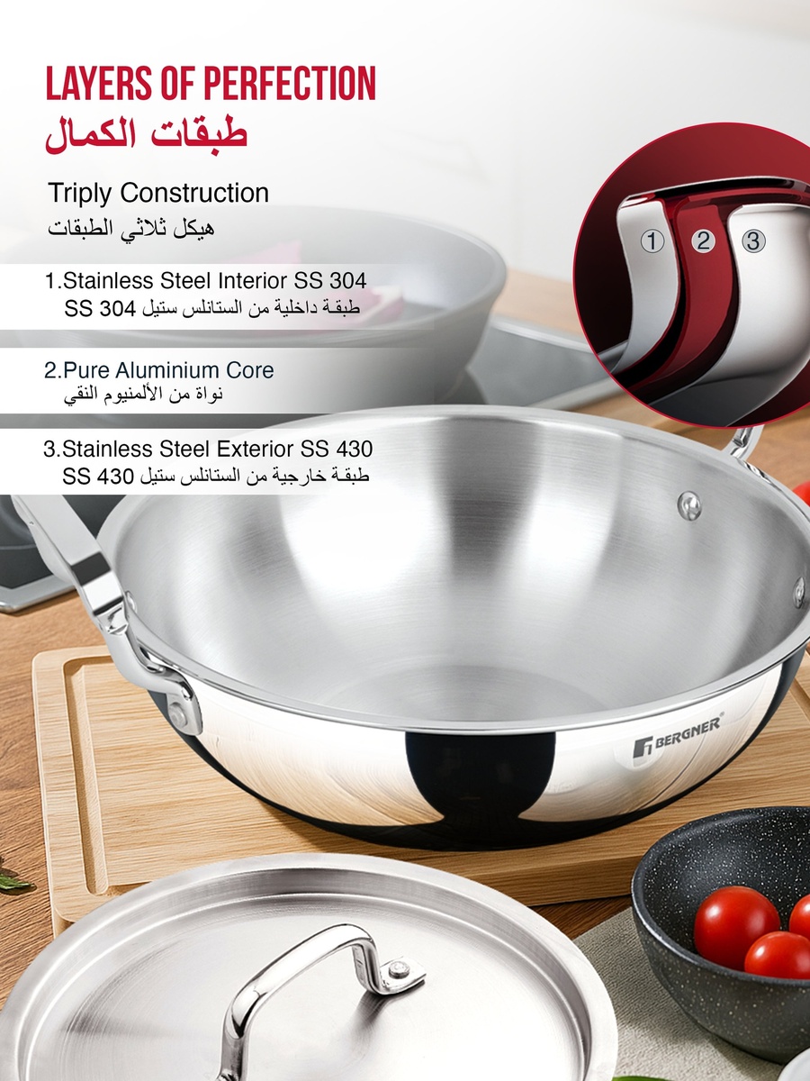 TriPro 30cm (6L) Tri-Ply Stainless Steel Deep Stir-Fry Pan Kadai with Lid