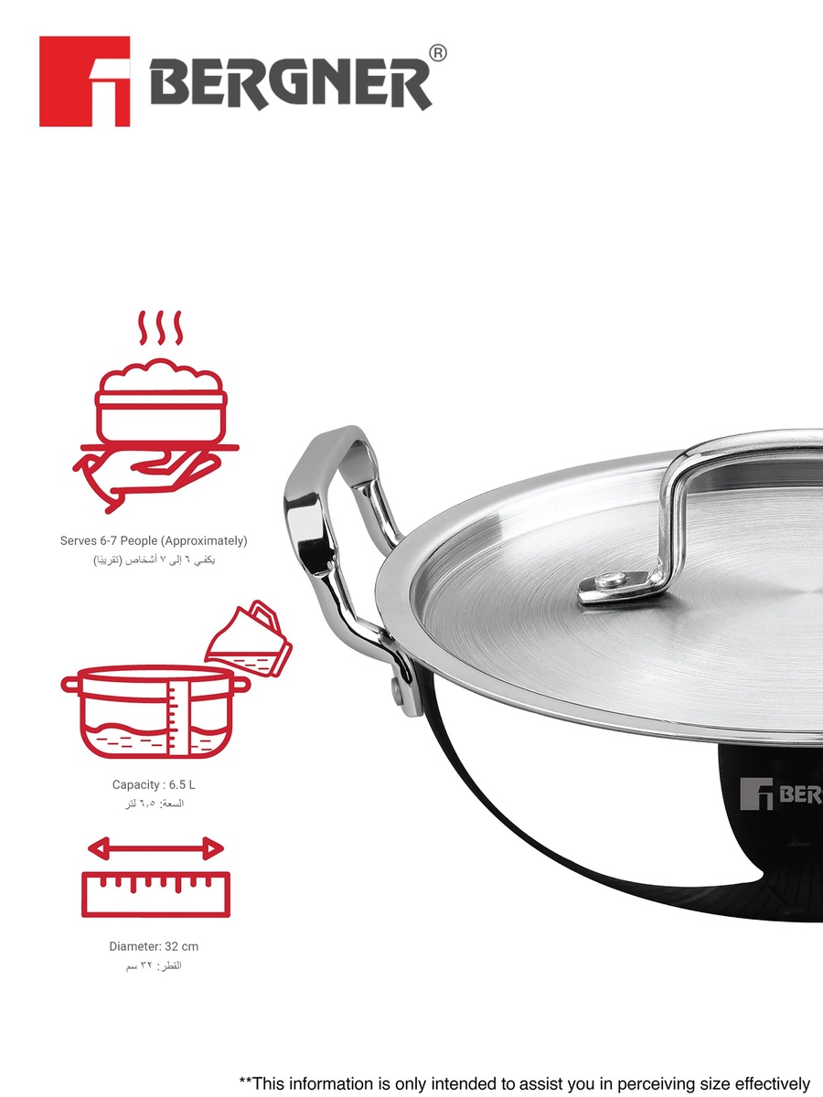 TriPro 32cm (6.5L) Tri-Ply Stainless Steel Deep Stir-Fry Pan Kadai with Lid