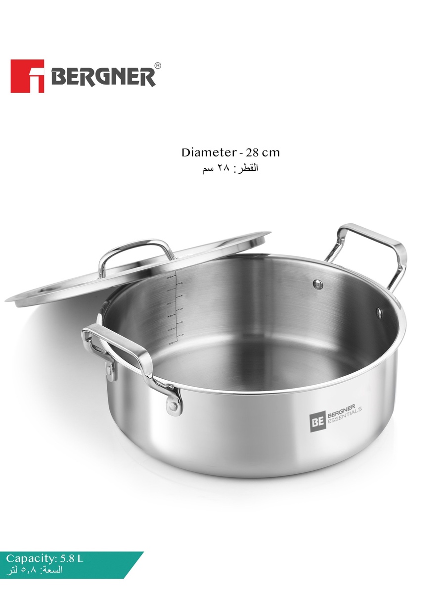 Essentials 28cm (5.8L) Tri-Ply Stainless Steel Shallow Biryani Pan