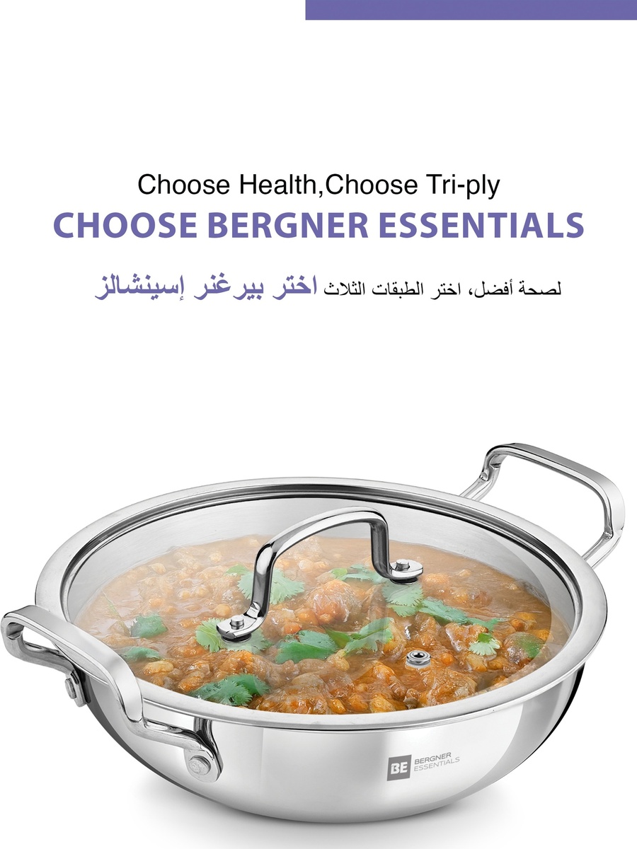 32cm (7L) Triply Stainless Steel Stir-Fry Pan with Glass Lid