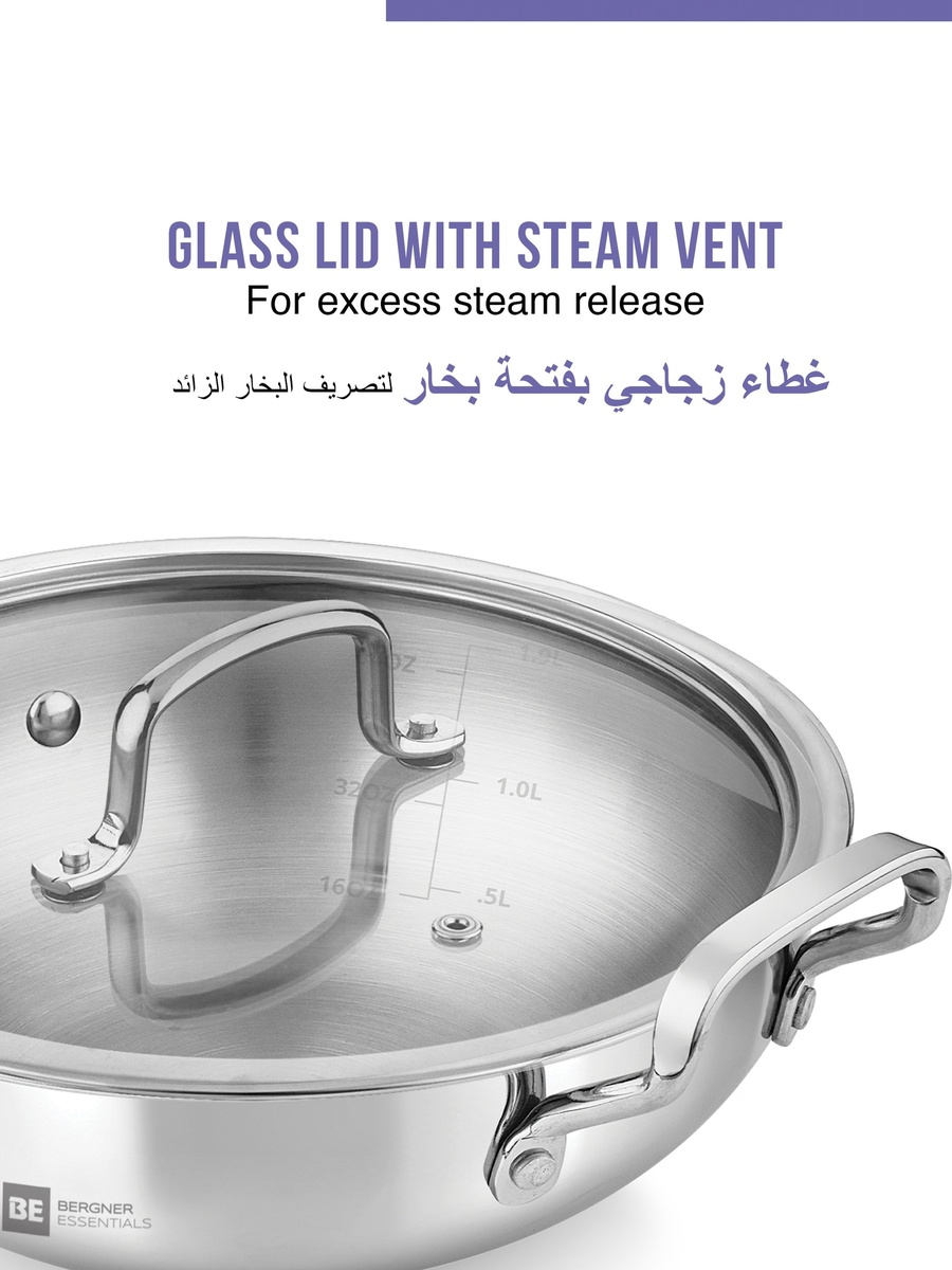 32cm (7L) Triply Stainless Steel Stir-Fry Pan with Glass Lid