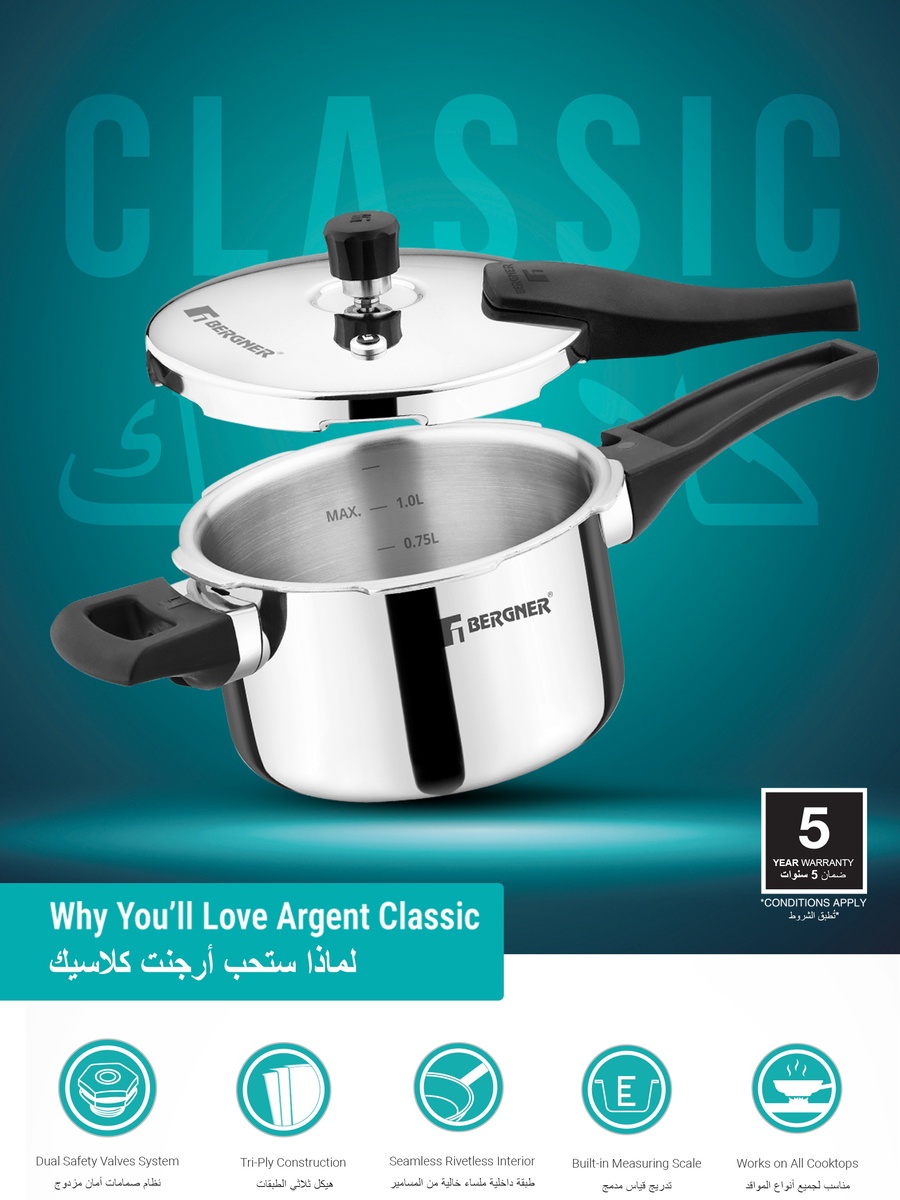 Argent Classic 8L Triply Stainless Steel Big Size Pressure Cooker Pan with Outer Lid