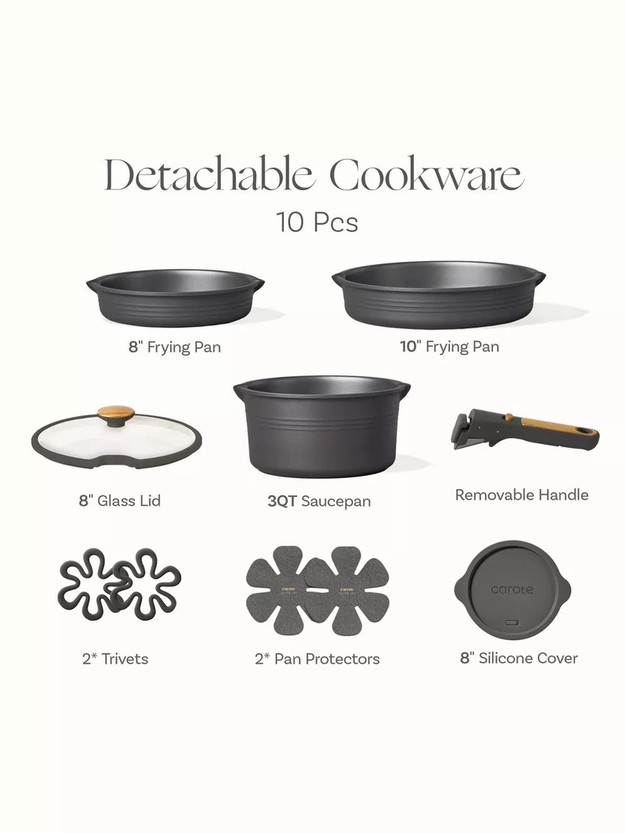 10-Piece Nonstick Cookware Set with Detachable Handle, Black