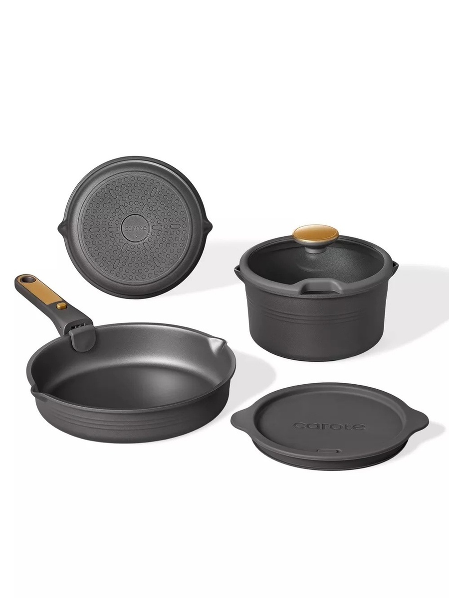 10-Piece Nonstick Cookware Set with Detachable Handle, Black