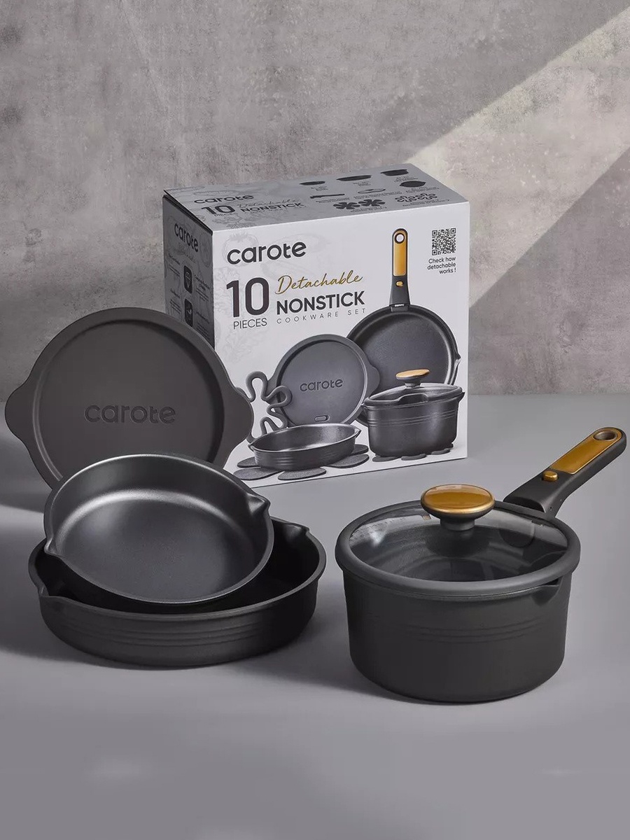 10-Piece Nonstick Cookware Set with Detachable Handle, Black