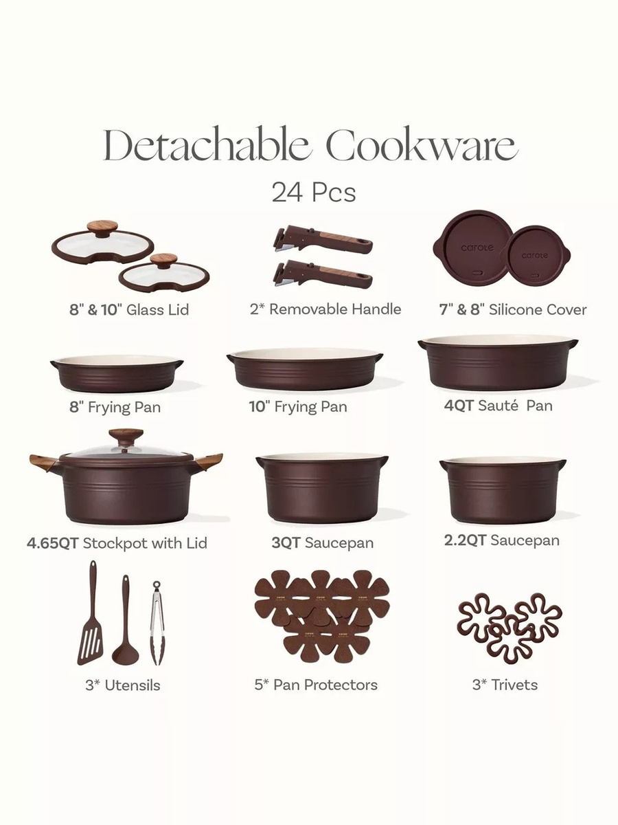 24-Piece Ceramic Nonstick Cookware Set with Detachable Handle