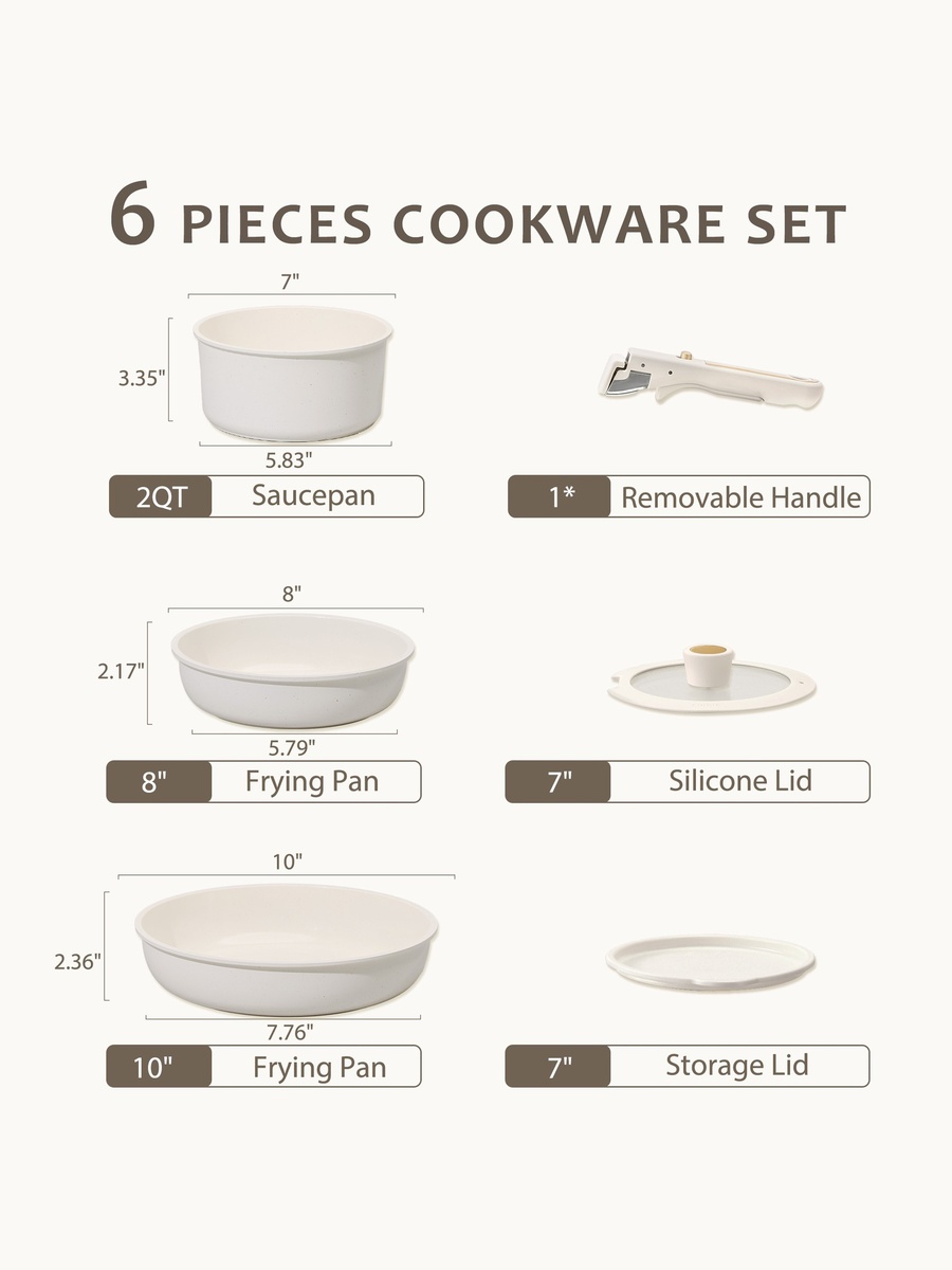 6-Piece Ceramic Cookware Set with Detachable Handle, Cream