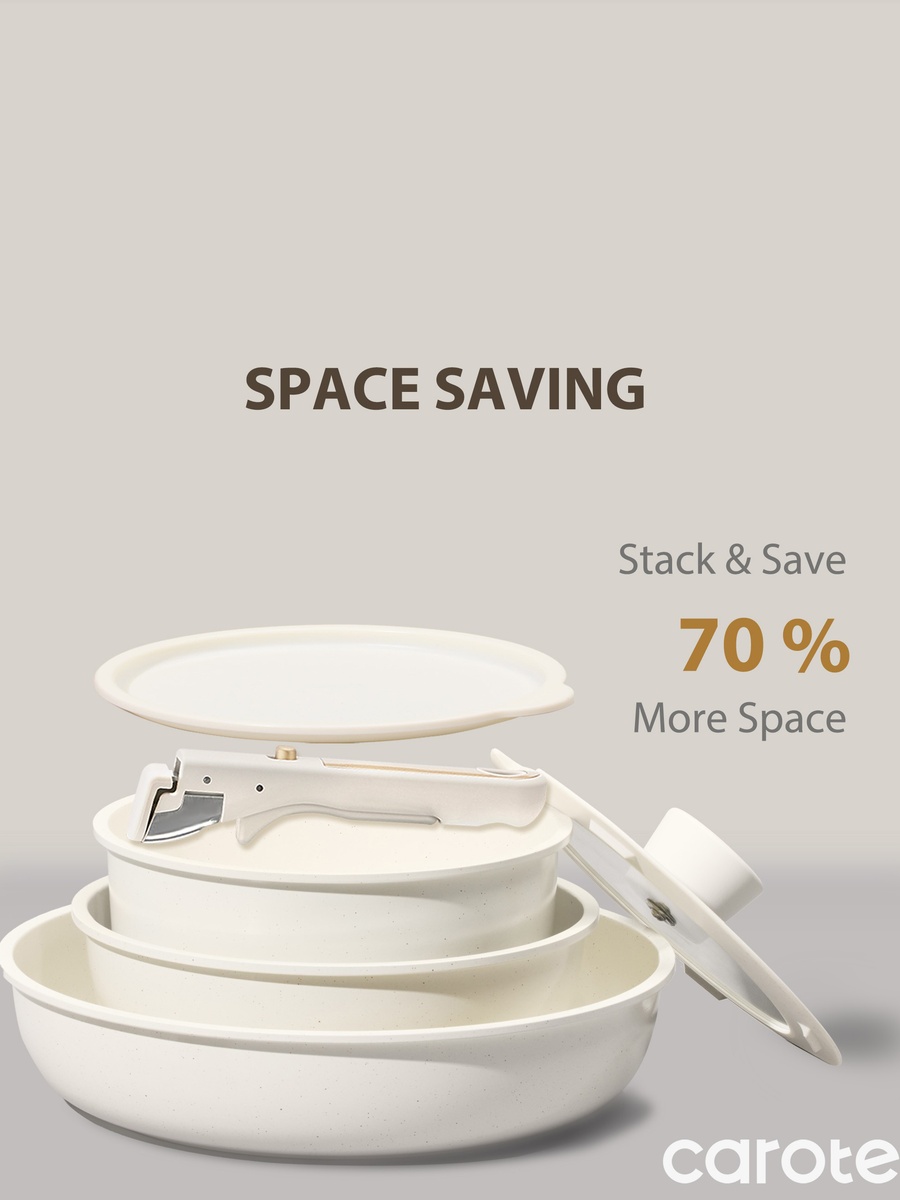 6-Piece Ceramic Cookware Set with Detachable Handle, Cream