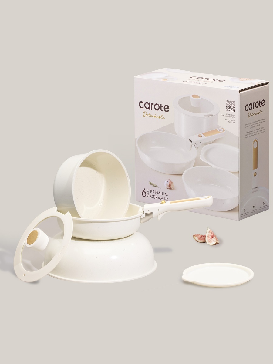 6-Piece Ceramic Cookware Set with Detachable Handle, Cream