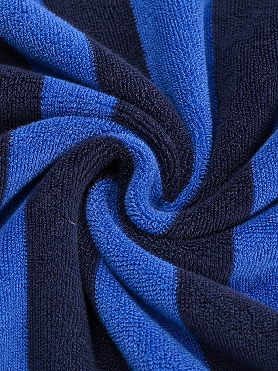 1-Piece Striped 100% Cotton Bathrobe XL, 380 GSM, Kimono Collar, Soft Absorbent, Belt and Pockets - Navy Blue