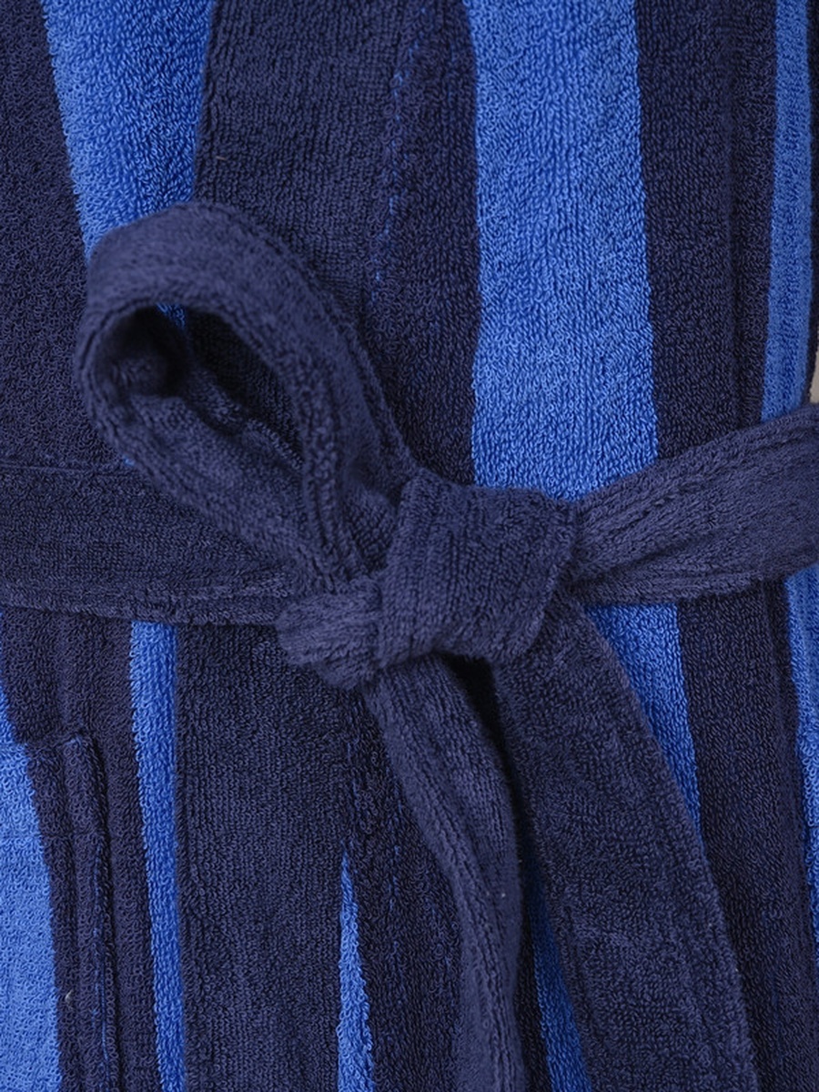 1-Piece Striped 100% Cotton Bathrobe XL, 380 GSM, Kimono Collar, Soft Absorbent, Belt and Pockets - Navy Blue