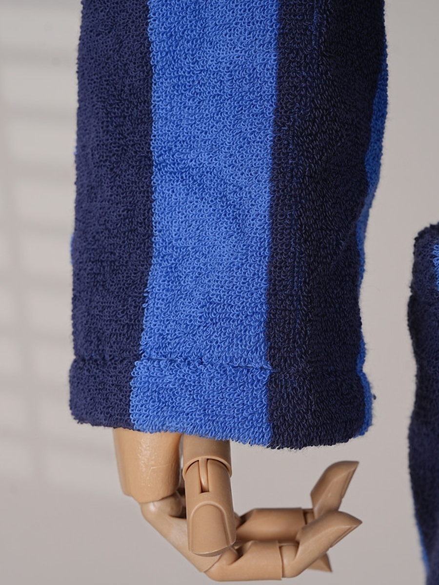 1-Piece Striped 100% Cotton Bathrobe XL, 380 GSM, Kimono Collar, Soft Absorbent, Belt and Pockets - Navy Blue