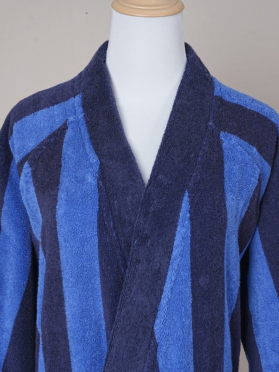 1-Piece Striped 100% Cotton Bathrobe XL, 380 GSM, Kimono Collar, Soft Absorbent, Belt and Pockets - Navy Blue