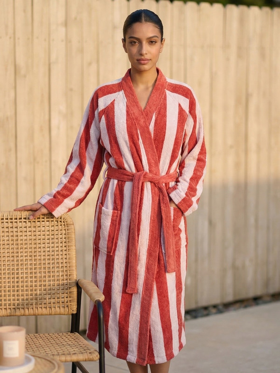 1-Piece Striped 100% Cotton Bathrobe XL, 380 GSM, Kimono Collar, Soft Absorbent, Belt and Pockets - Grey