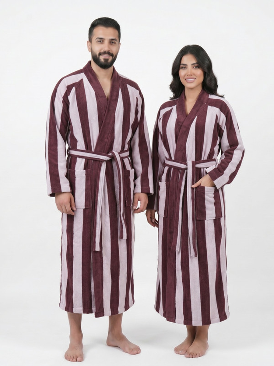 1-Piece Striped 100% Cotton Bathrobe XL, 380 GSM, Kimono Collar, Soft Absorbent, Belt and Pockets - Silver