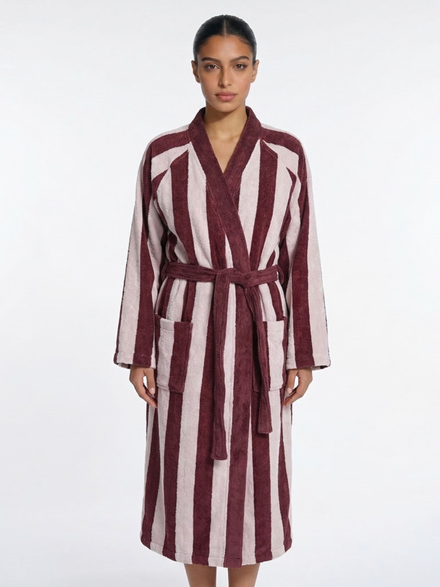 1-Piece Striped 100% Cotton Bathrobe XL, 380 GSM, Kimono Collar, Soft Absorbent, Belt and Pockets - Silver