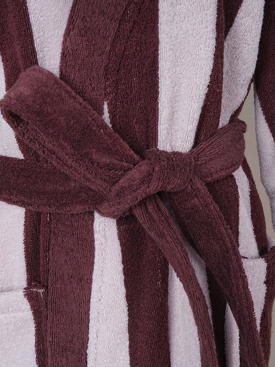 1-Piece Striped 100% Cotton Bathrobe XL, 380 GSM, Kimono Collar, Soft Absorbent, Belt and Pockets - Silver