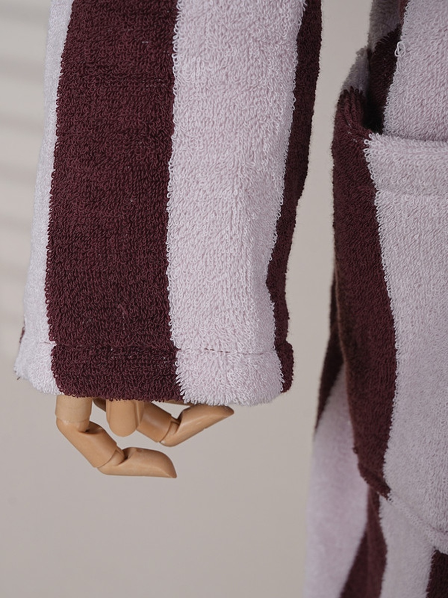 1-Piece Striped 100% Cotton Bathrobe XL, 380 GSM, Kimono Collar, Soft Absorbent, Belt and Pockets - Silver