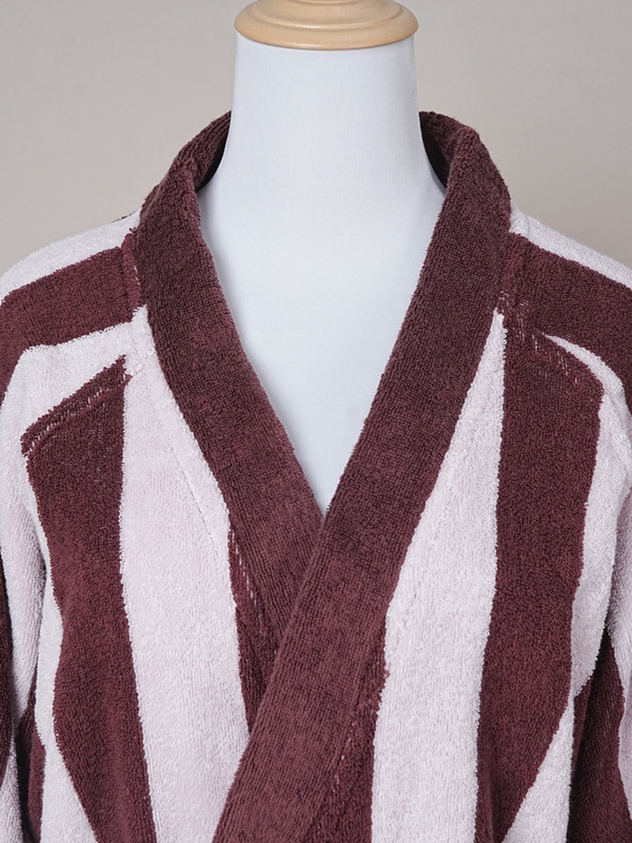 1-Piece Striped 100% Cotton Bathrobe XL, 380 GSM, Kimono Collar, Soft Absorbent, Belt and Pockets - Silver