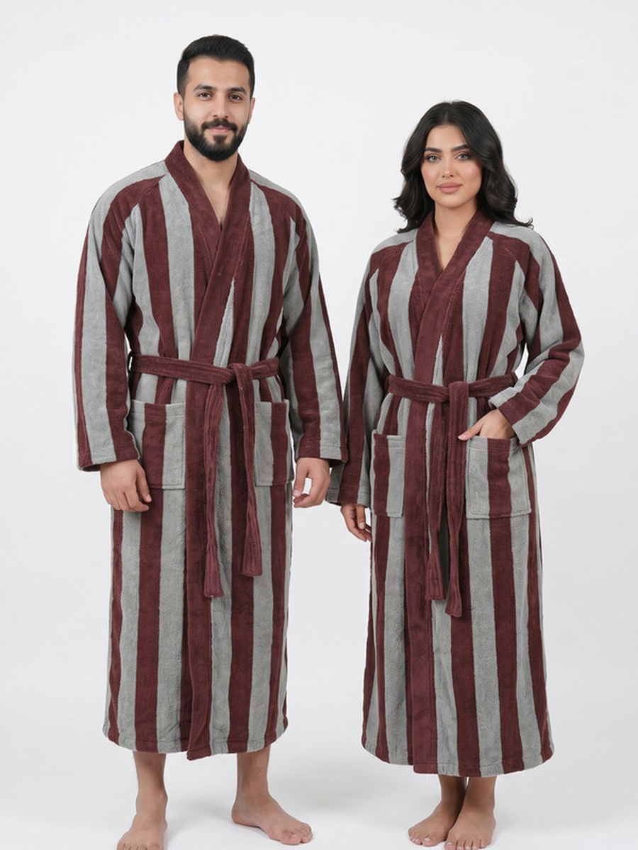 1-Piece Striped 100% Cotton Bathrobe XL, 380 GSM, Kimono Collar, Soft Absorbent, Belt and Pockets - Beige