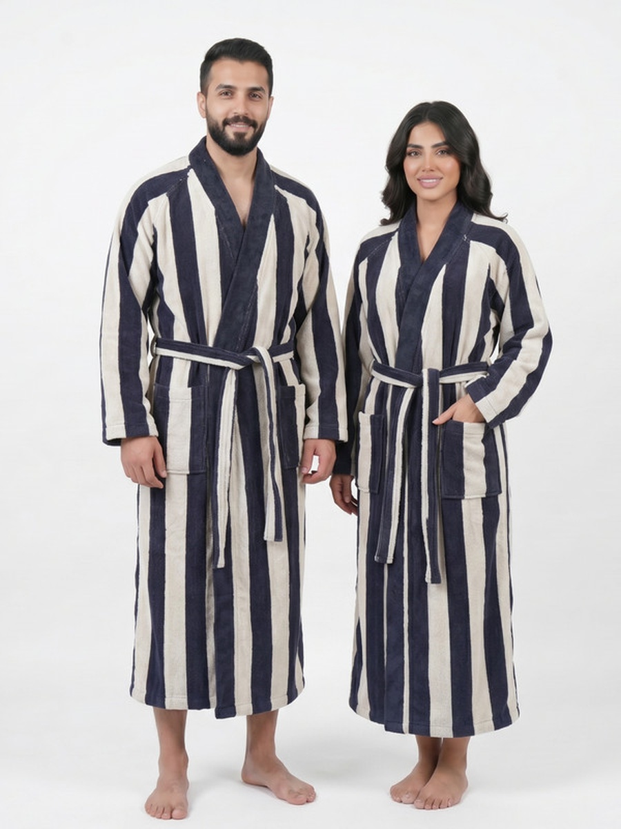 1-Piece Striped 100% Cotton Bathrobe XL, 380 GSM, Kimono Collar, Soft Absorbent, Belt and Pockets - Cream