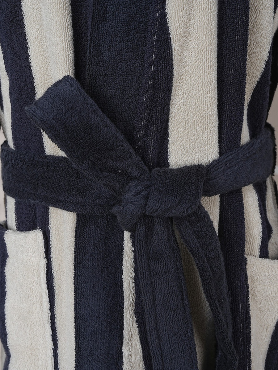 1-Piece Striped 100% Cotton Bathrobe XL, 380 GSM, Kimono Collar, Soft Absorbent, Belt and Pockets - Cream