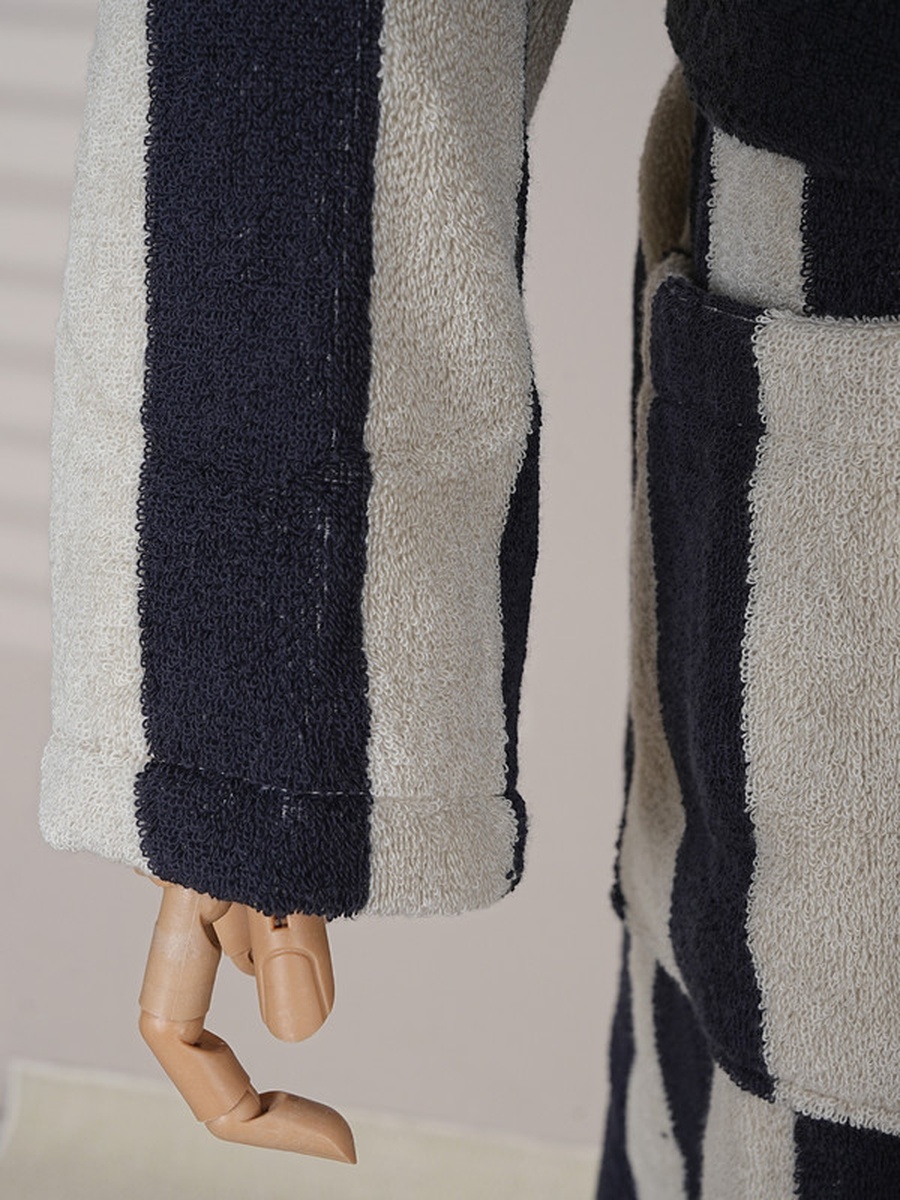 1-Piece Striped 100% Cotton Bathrobe XL, 380 GSM, Kimono Collar, Soft Absorbent, Belt and Pockets - Cream