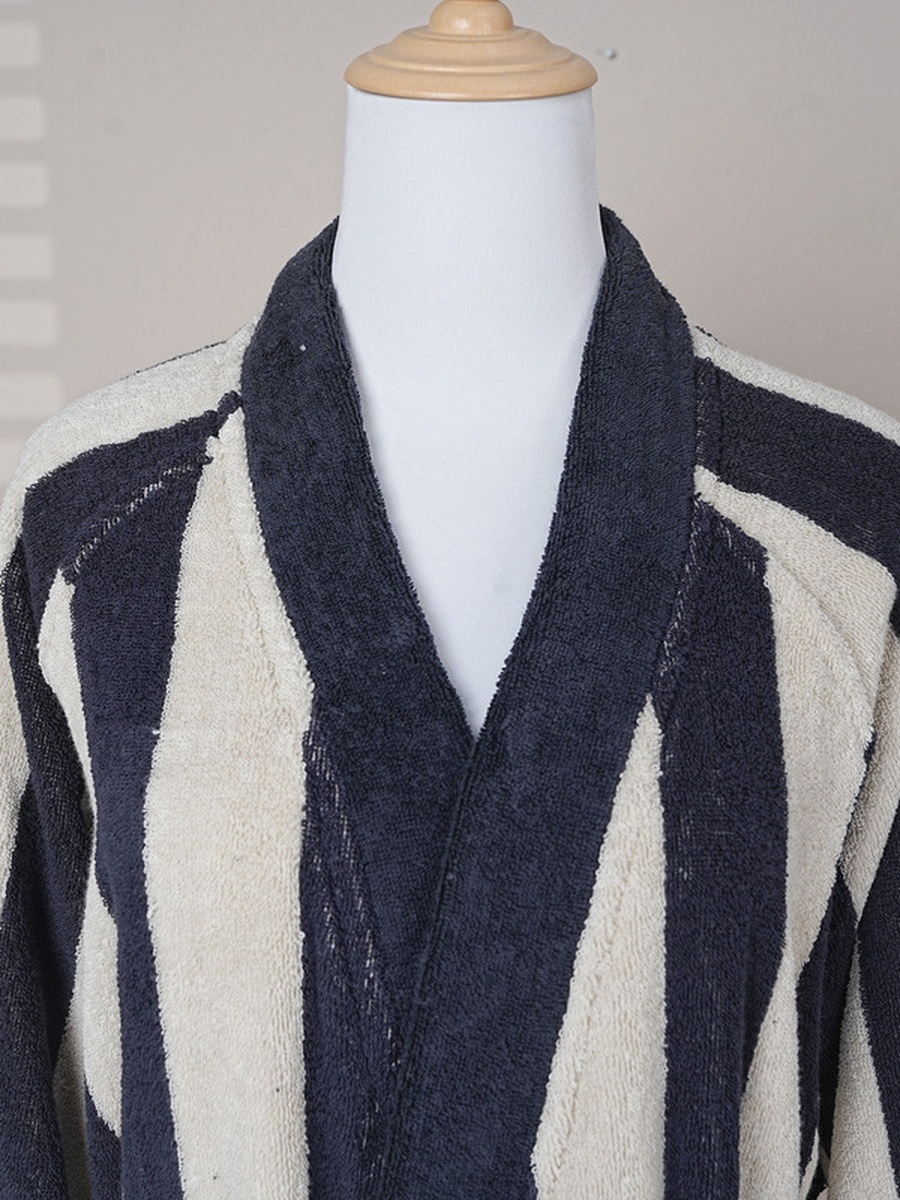 1-Piece Striped 100% Cotton Bathrobe XL, 380 GSM, Kimono Collar, Soft Absorbent, Belt and Pockets - Cream