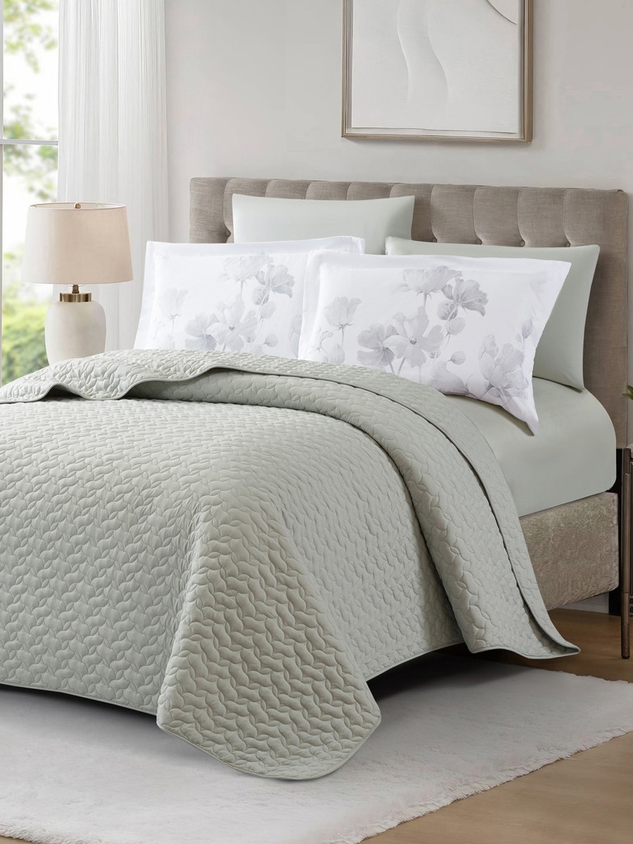 6-Pieces King Size Reversible Ogee Arch Quilted Bedspread Set 260X240 Cm, Soft Microfiber - Gray Violet 