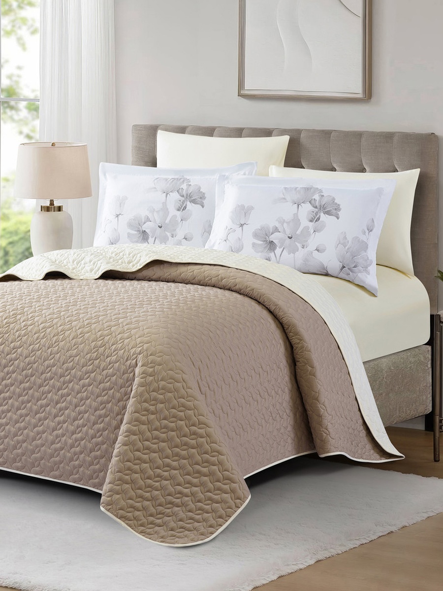 6-Pieces King Size Reversible Ogee Arch Quilted Bedspread Set 260X240 Cm, Soft Microfiber - Beige