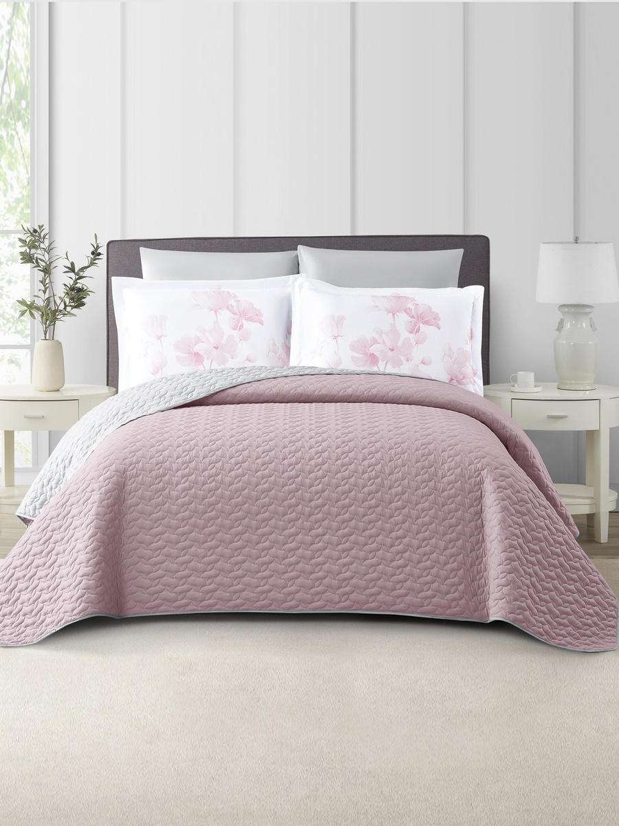 6-Pieces King Size Reversible Ogee Arch Quilted Bedspread Set 260X240 Cm, Soft Microfiber - Pink